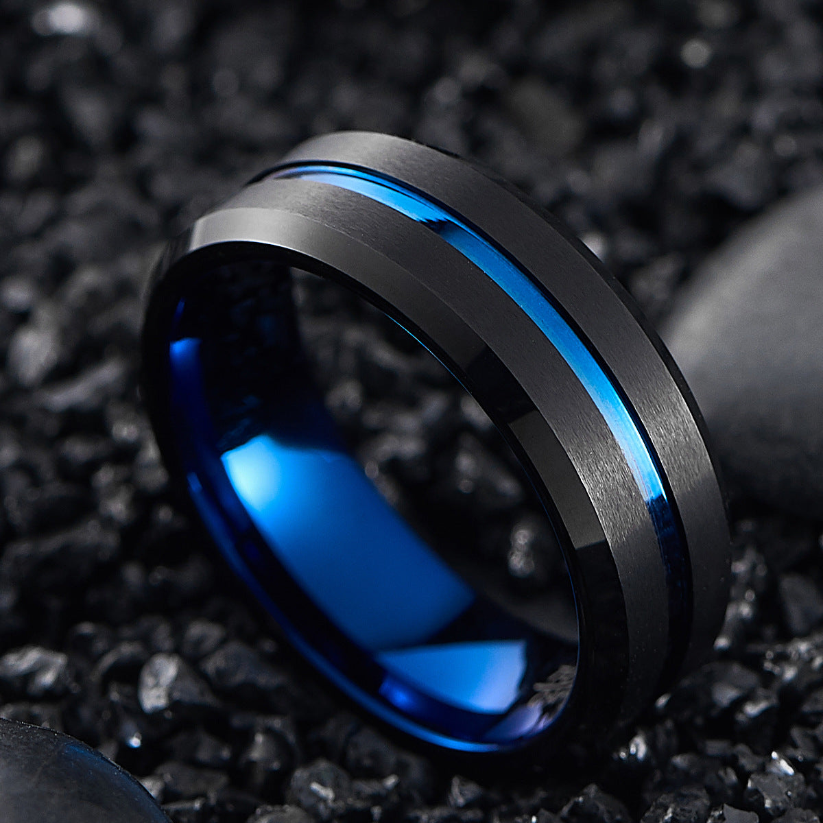 Men's Tungsten Steel Ring In Stock One-piece Delivery 8mm Wide Vacuum Electroplating Black Blue Two-color Tungsten Steel Ring Us Size