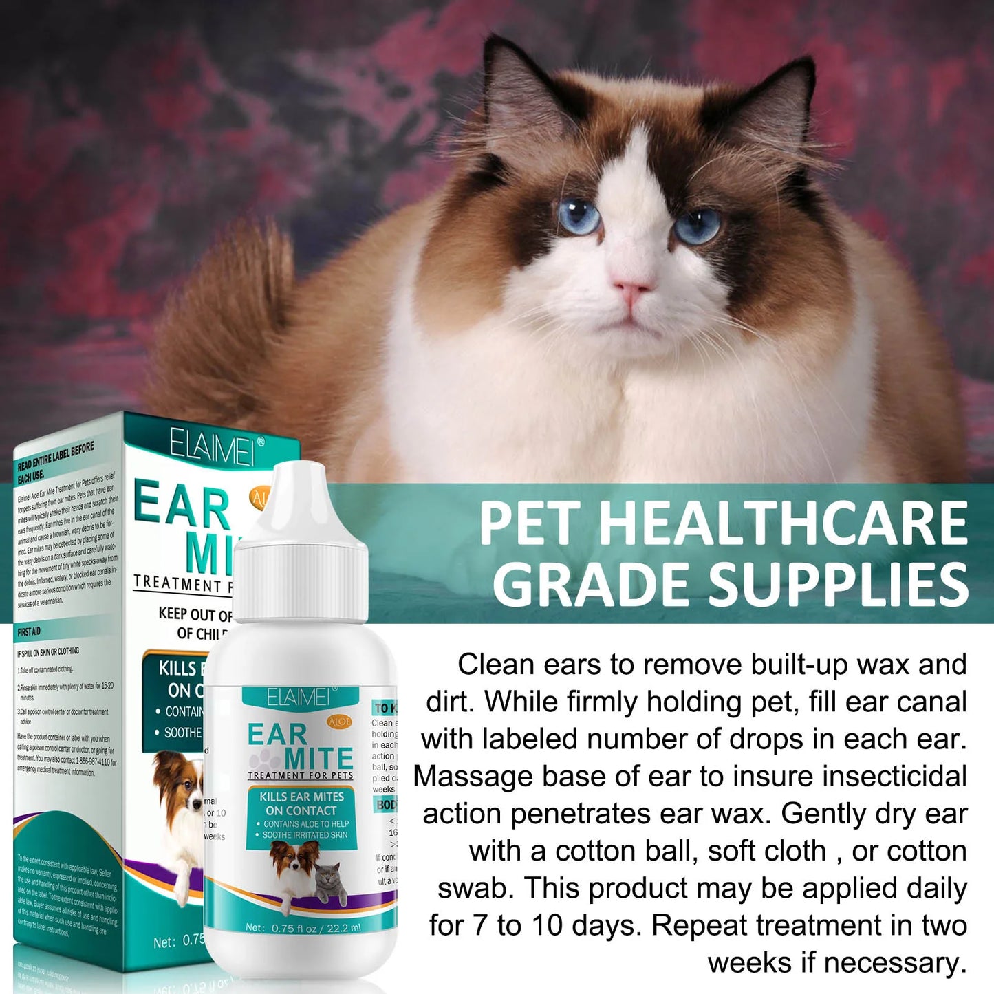 Aloe Ear Mite Treatment for Pets Medicine Kills Ticks Relieve Itchiness Soothes Ears with Aloe 2 Bottles Pack for Dogs and Cats