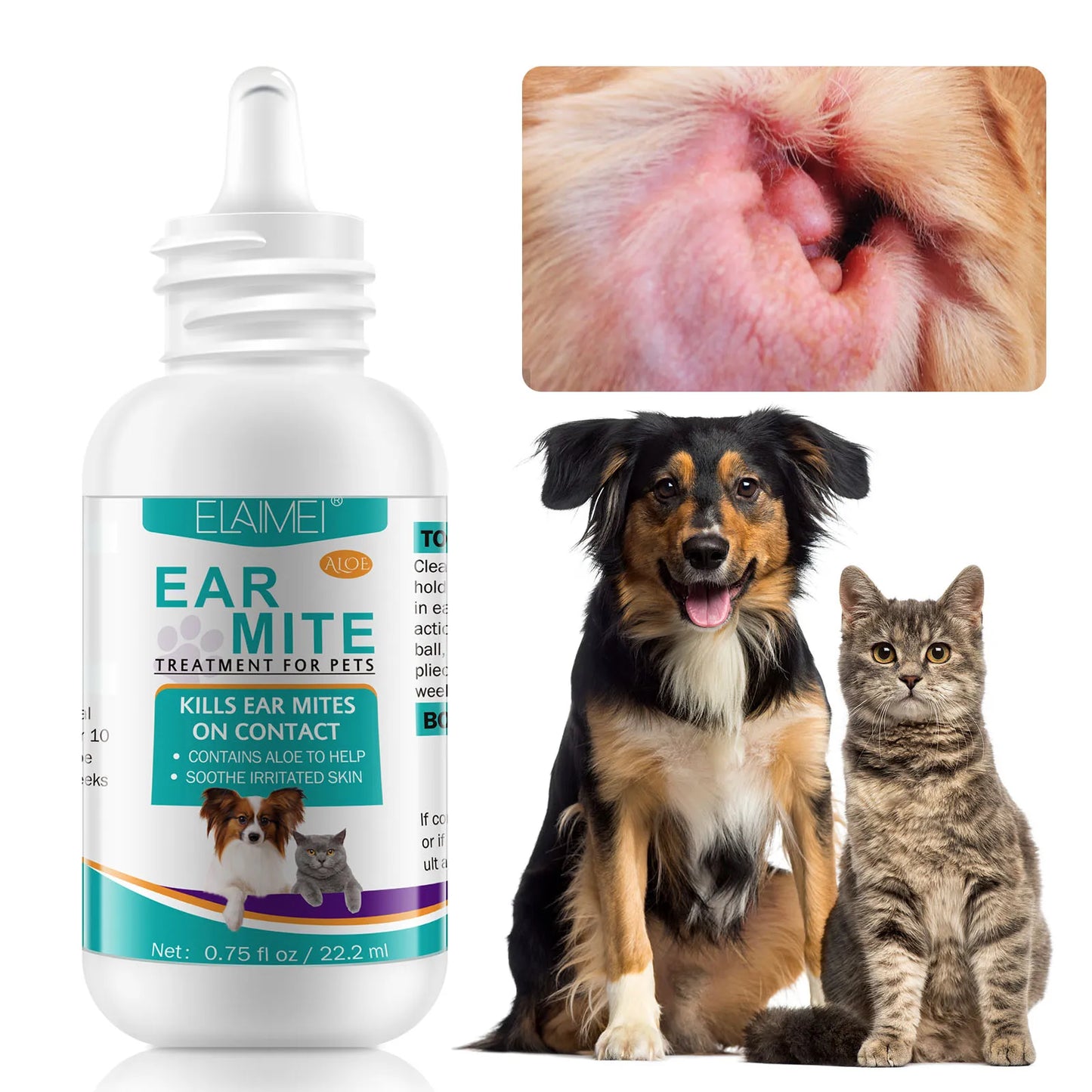 Aloe Ear Mite Treatment for Pets Medicine Kills Ticks Relieve Itchiness Soothes Ears with Aloe 2 Bottles Pack for Dogs and Cats