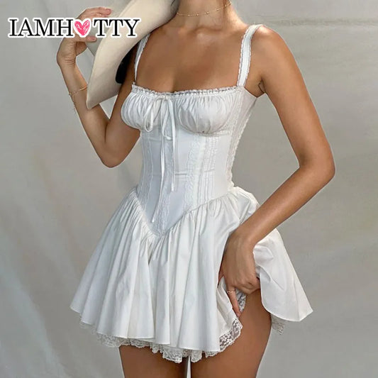 مجموعه اروين  ARWEN & AJH GROUP    High-quality Lace Panel A-line Dress White Coquette Party Holiday Sleeveless Mini Corset Dresses Elegant Sweet Robe New