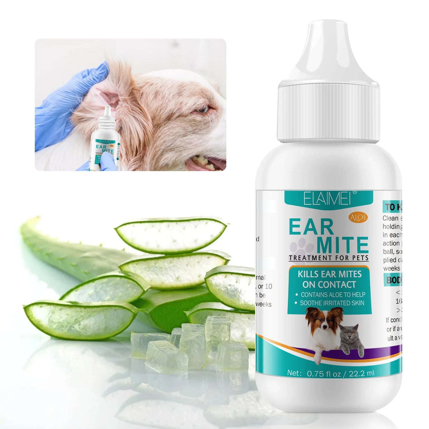 Aloe Ear Mite Treatment for Pets Medicine Kills Ticks Relieve Itchiness Soothes Ears with Aloe 2 Bottles Pack for Dogs and Cats