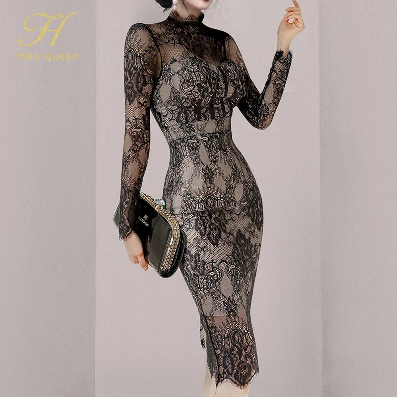 ARWEN & AJH GROUP  Autumn New See Through Lace Vestidos Korean Fashion Crochet Flowers Pencil Dress Elegant Simple Party Women Dresses