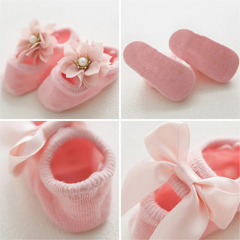 3 Pairs/Lot Lace Flower Newborn Baby Socks Cotton Anti-Slip Kids Floor Socks Bow toddler Girl Socks Spring Girls Gift sokken