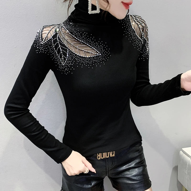 مجموعة اروين arwen&ajh group 2024 Spring Autumn New Women's Tops Shirt Fashion Casual Turtleneck Long Sleeve Hollow Out Hot Drilling Mesh T-Shirt M-3XL