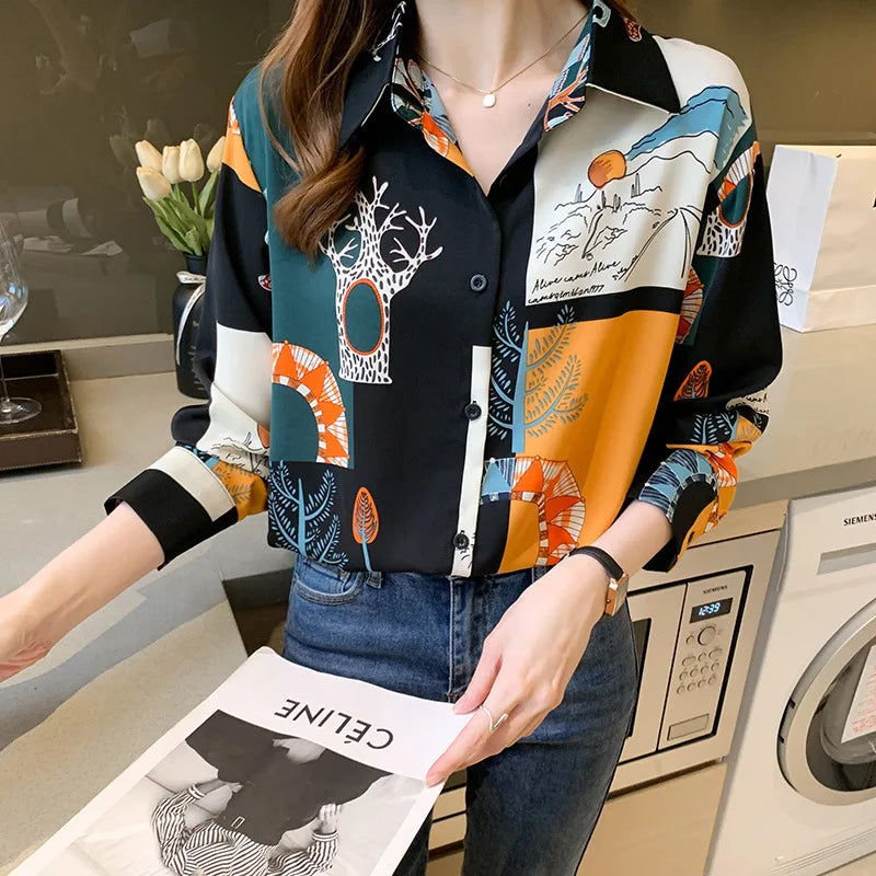 ARWEN AJH  Printed Designer Collared Shirt Women's Design Sense Niche 2024 Autumn New Versatile Chiffon Long Sleeve Women Fashion Tops