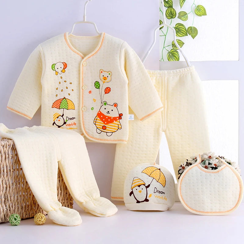 Baywell Infant Newborn Unisex Clothes 0-3 Months Baby Spring Autumn Print Cartoon Clothing Sets Tops Trousers Hat Bibs