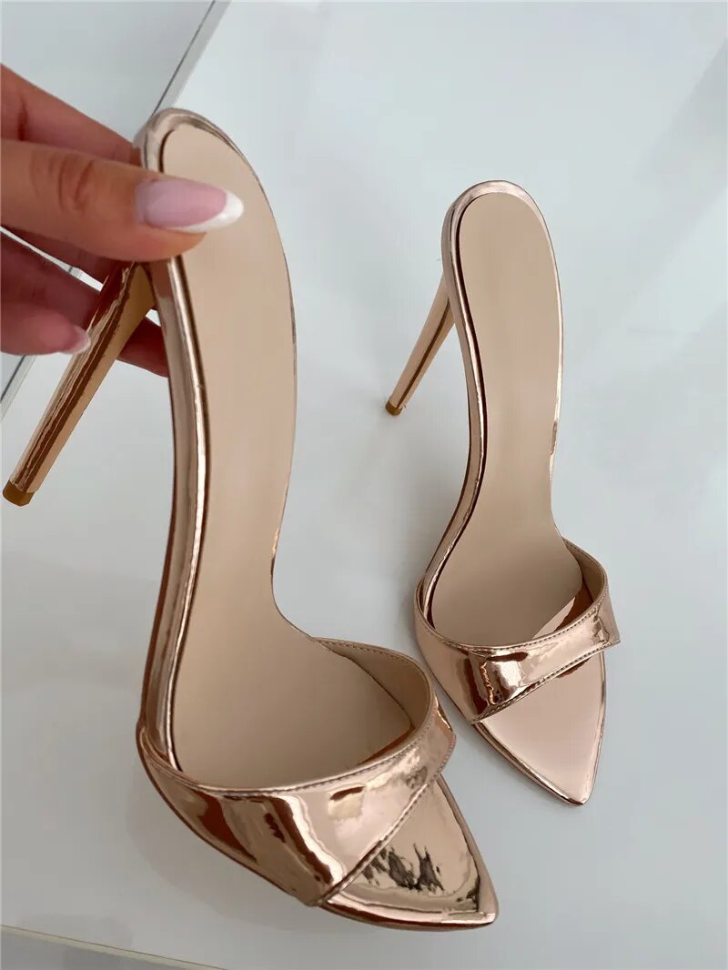 Women Peep Toe Mules Gold Slip On Thin High Sandals Big Size Classic Fashion Lady Sandals