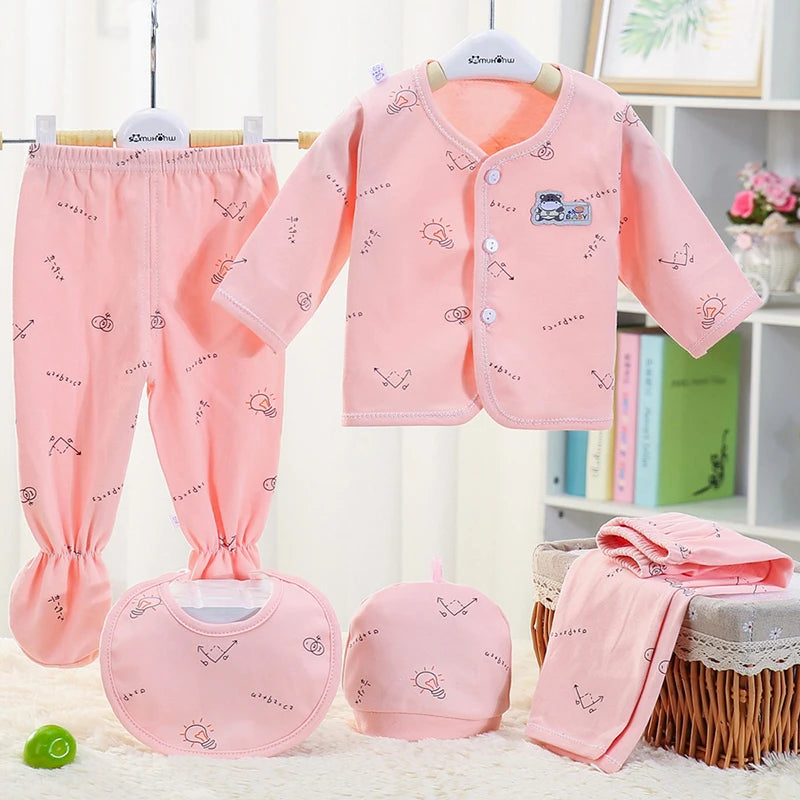 Baywell Infant Newborn Unisex Clothes 0-3 Months Baby Spring Autumn Print Cartoon Clothing Sets Tops Trousers Hat Bibs