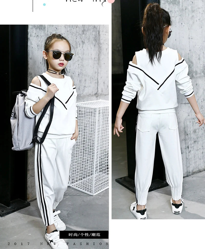 2024 Autumn spring Teens Girls Clothes Set Long Sleeve striped t shirt + Pants Casual Child tracksuit 4 5 6 7 8 9 10 11 12 Years