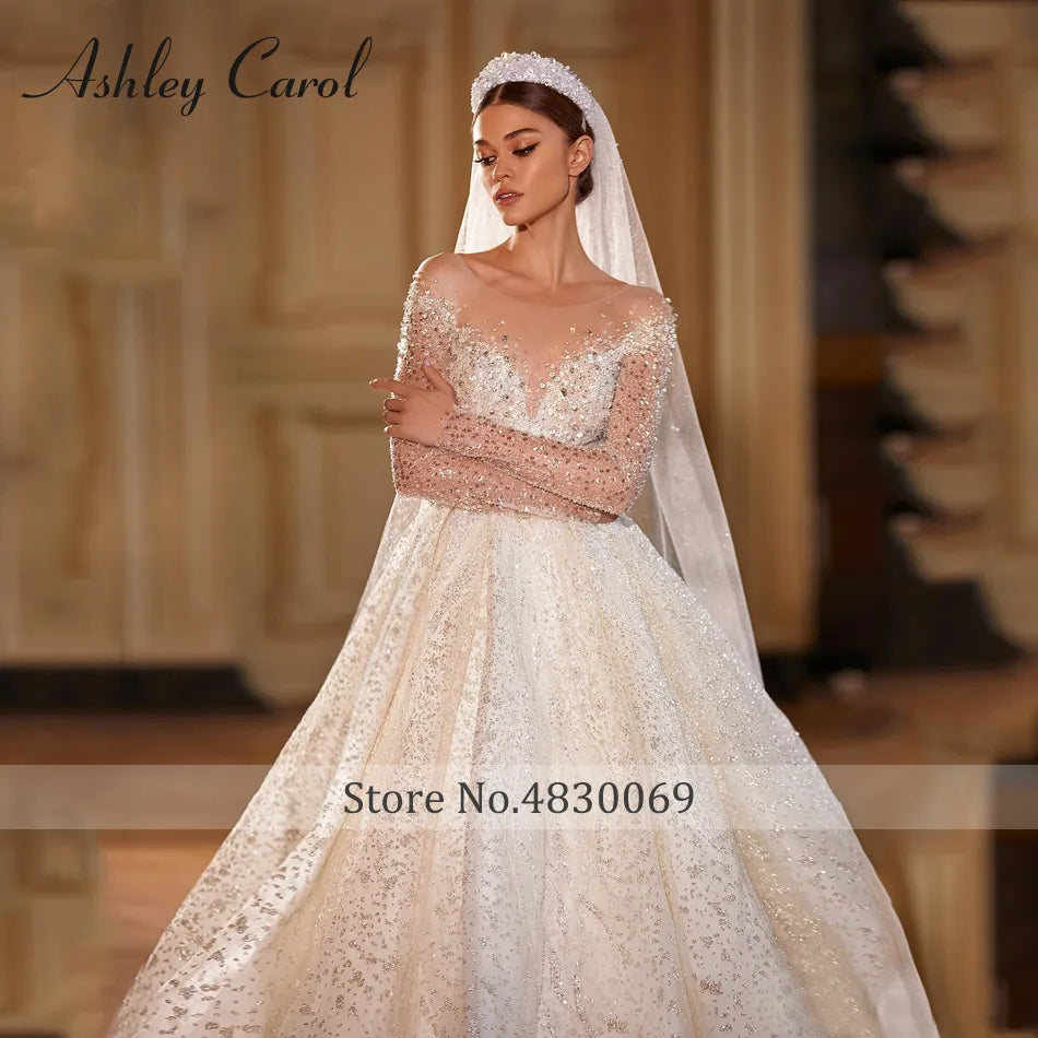 Ashley Carol Luxury Wedding Dresses For Women 2024 Bride Long Sleeve Princess Sparkling Beaded Bridal Dress