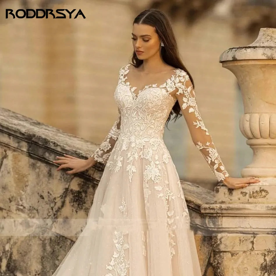 ARWEN &AJH GROUP مجموعة اروين  Elegant O-Neck Wedding Dresses Lace Up A-Line Appliques Long Sleeves Beach Bride Gowns robe فستان عروسه فستان ابيض Plus Size