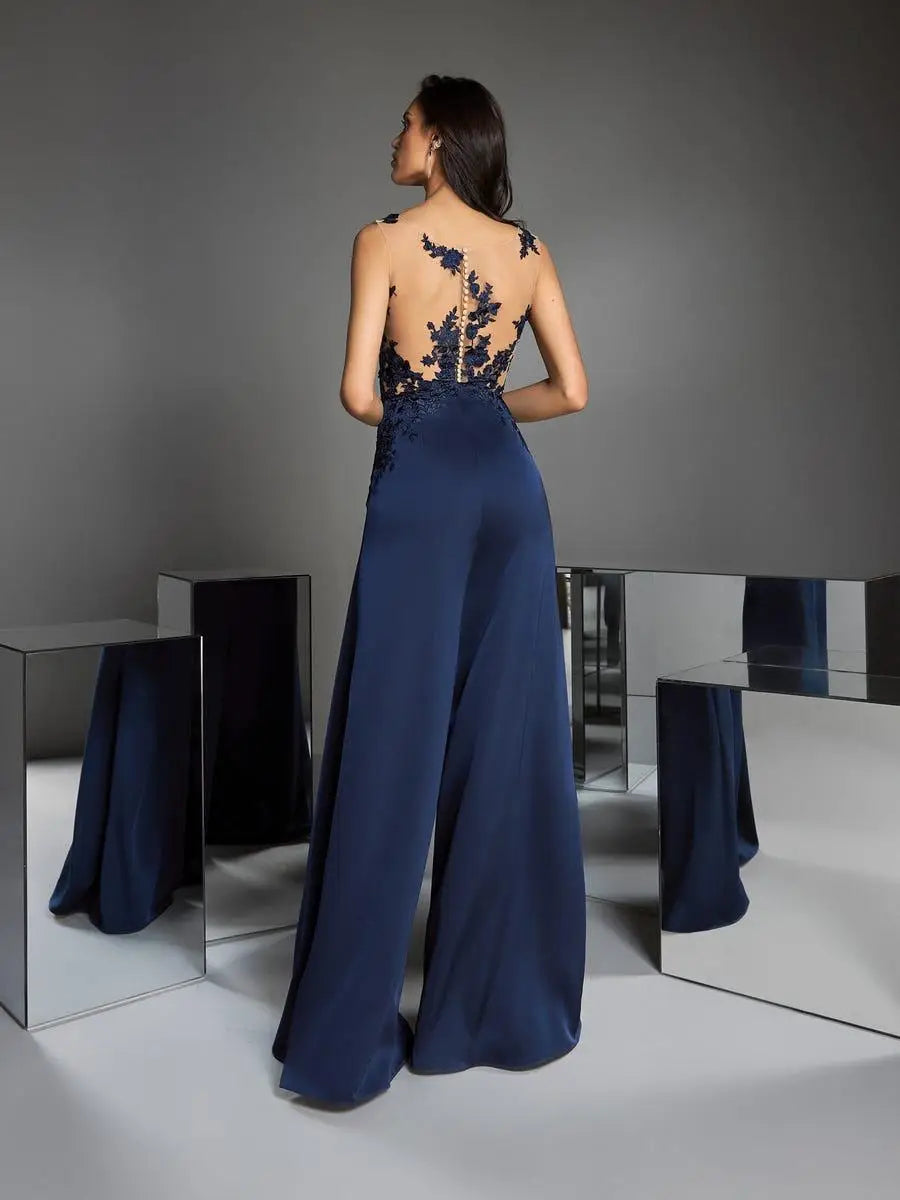 مجموعة أروين  Navy Blue Jumpsuits Mother of the Bride Pants Suit V Neck Lace Wedding Guest Dress Mothers of the Groom Gowns Outfit