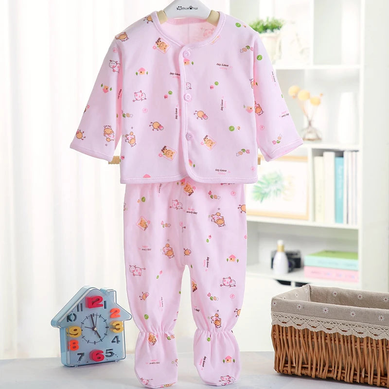 Baywell Infant Newborn Unisex Clothes 0-3 Months Baby Spring Autumn Print Cartoon Clothing Sets Tops Trousers Hat Bibs