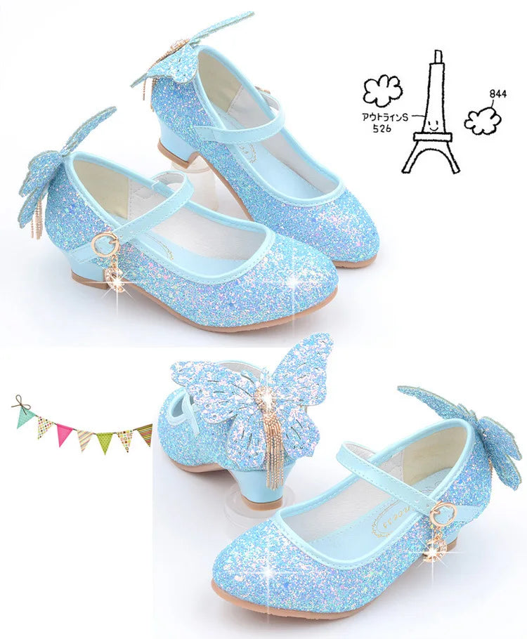 New Kids Leather Shoes Fashion Fringed Butterfly Knot Girls Princess Shoes Casual Glitter Children High Heel Student Dance Shoes