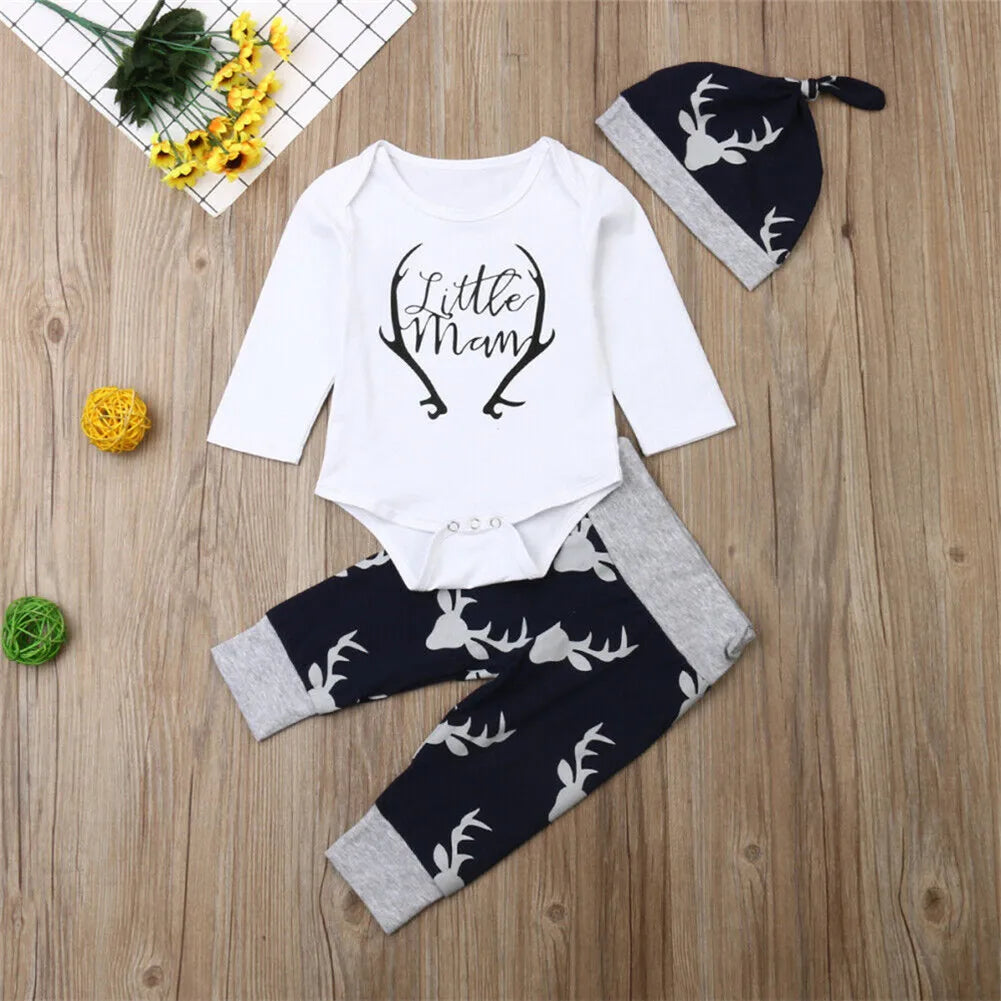 Newborn Baby Boy Clothes Little Man Romper Tops+Deer Pants+Hat Xmas Outfits