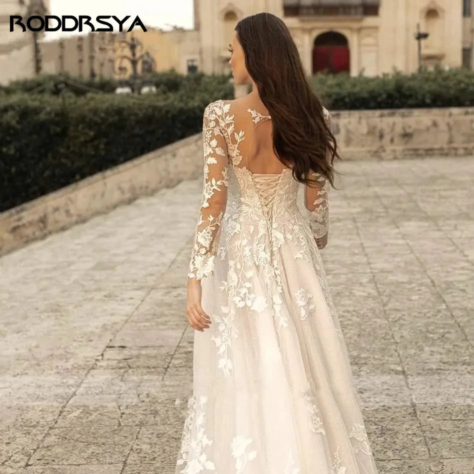 ARWEN &AJH GROUP مجموعة اروين  Elegant O-Neck Wedding Dresses Lace Up A-Line Appliques Long Sleeves Beach Bride Gowns robe فستان عروسه فستان ابيض Plus Size