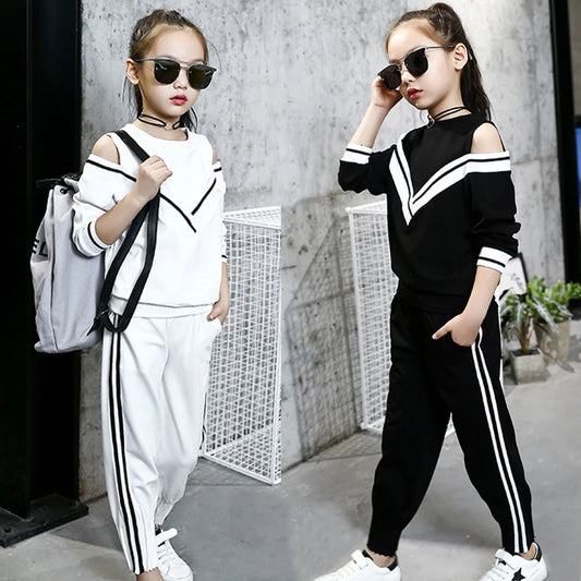 2024 Autumn spring Teens Girls Clothes Set Long Sleeve striped t shirt + Pants Casual Child tracksuit 4 5 6 7 8 9 10 11 12 Years