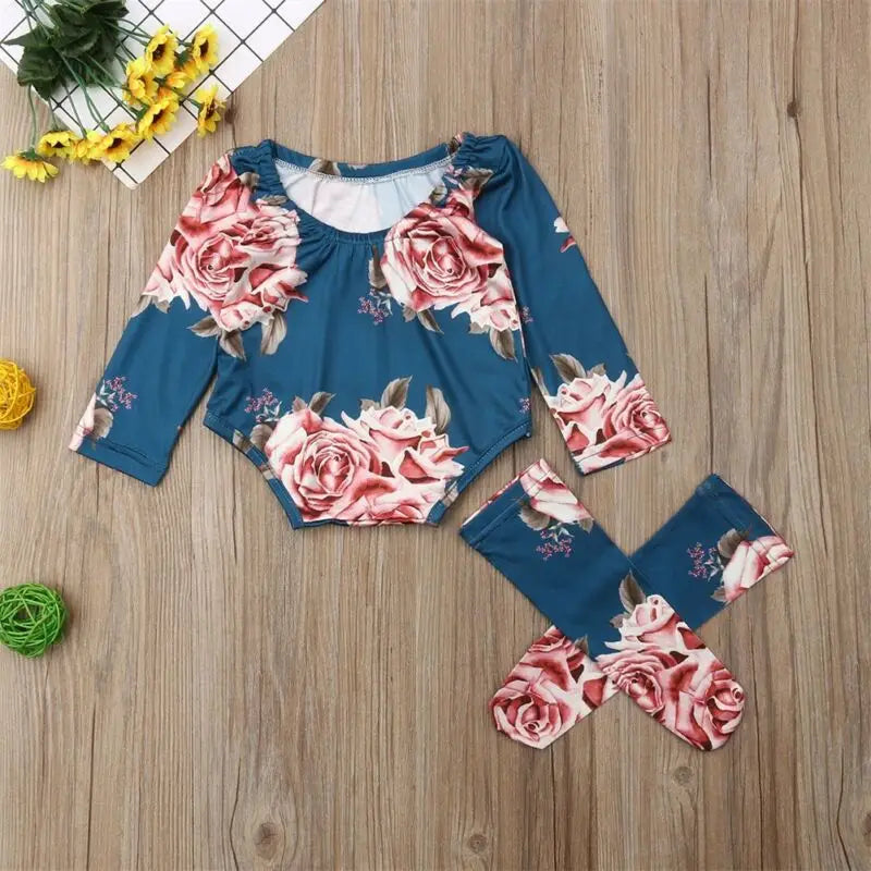 Newborn Baby Long Sleeve Romper Large Floral Jumpsuit Girl Warm Leg Socks Outfit 0-24M