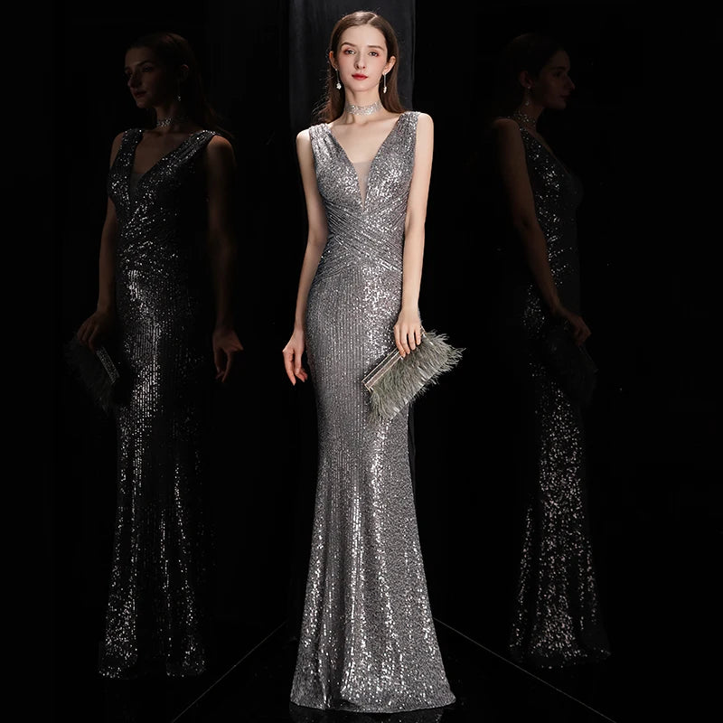 مجموعة أروين Elegant V Neck Sequin Evening Dress Long 2023 New Women Mermaid Formal Dress Party Gown Bodycon Maxi Prom Dress