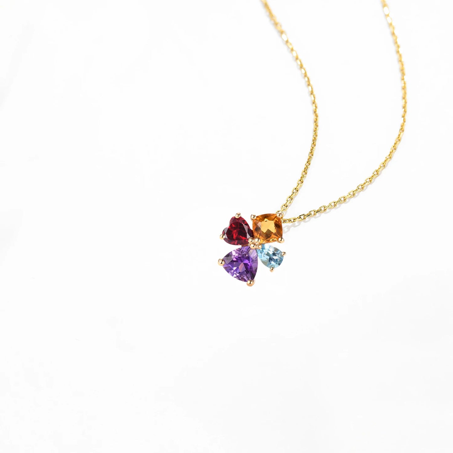 HELON Solid 14K Yellow Gold 100% Genuine Natural Citrine Garnet sky Topaz blue Amethyst Pendant Necklace For Women Fine Jewelry