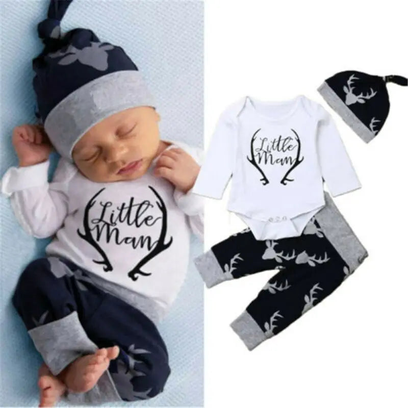 Newborn Baby Boy Clothes Little Man Romper Tops+Deer Pants+Hat Xmas Outfits