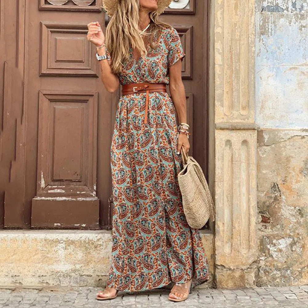 ARWEN & AJH GROUP  HOT SALE!! Boho Women V Neck Short Sleeve Paisley Print Belt Large Hem Beach Long Dress print dress summer beach dress with belt