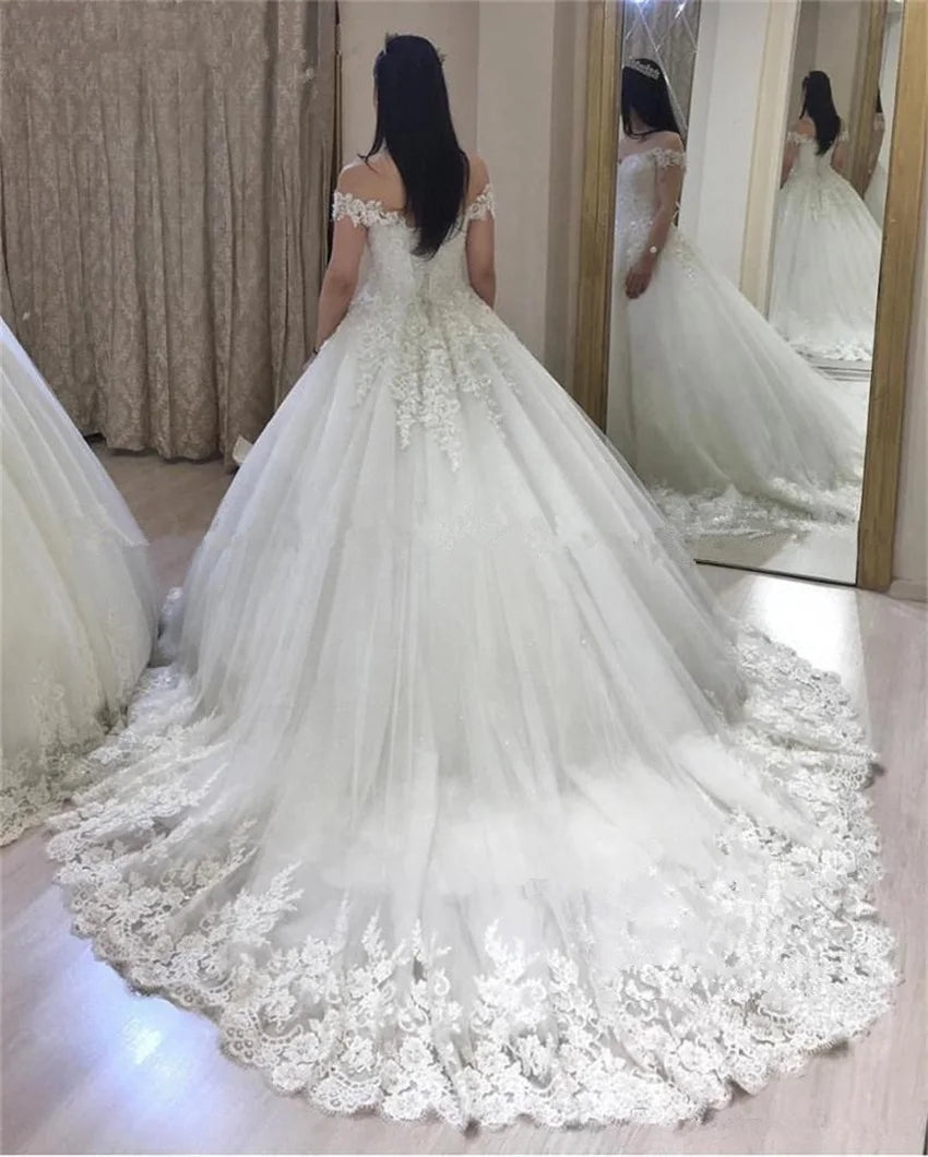 مجموعة اروين arwen & AJH GROUP Princess Ball Gown Luxury Wedding Dress 2024 Off The Shoulder White Puffy Tulle Lace Applique Vestido De Novia vestito sposa