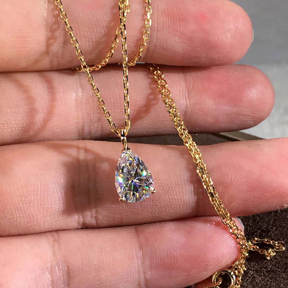 Custom Solid 18K Yellow Gold Women Pendants Necklaces Moissanite Diamond 1 2 3 Ct Pear Water Drop Wedding Anniversary Engagement