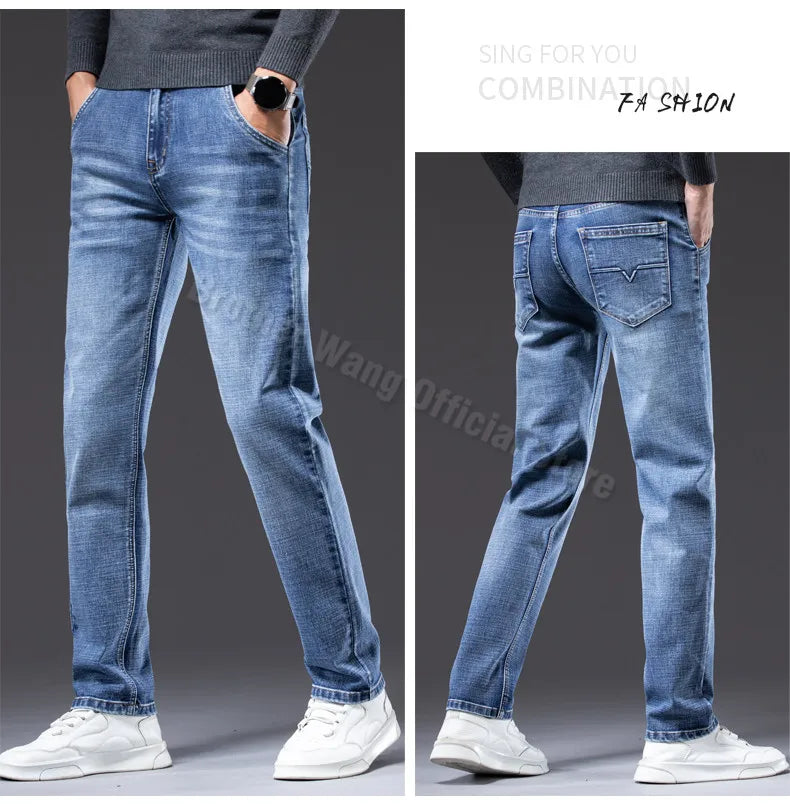 2023 Autumn New Men Regular Fit Stretch Jeans Classic Style Smoky Gray Fashion Casual Denim Pants Male Brand Trousers Blue