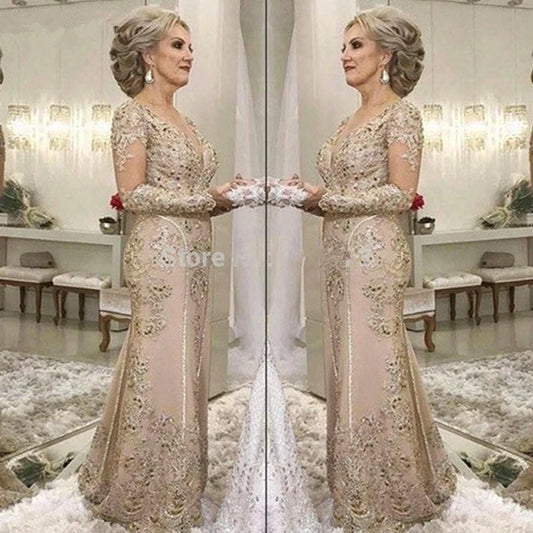 Elegant Mother Of The Bride Dresses Mermaid Long Sleeves Lace Beaded Long Wedding Party Dresses Mother Dresses For Wedding