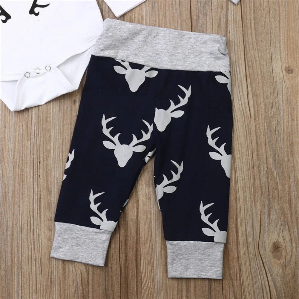 Newborn Baby Boy Clothes Little Man Romper Tops+Deer Pants+Hat Xmas Outfits