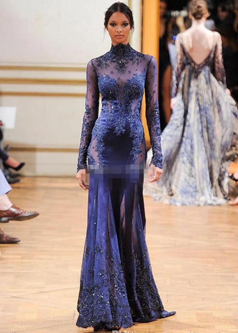 مجموعة اروين 2024 Zuhair Murad High Neck Lace Formal Evening Dress Long Sleeve See-through Beads Appliques Prom Celebrity Gowns Navy Blue