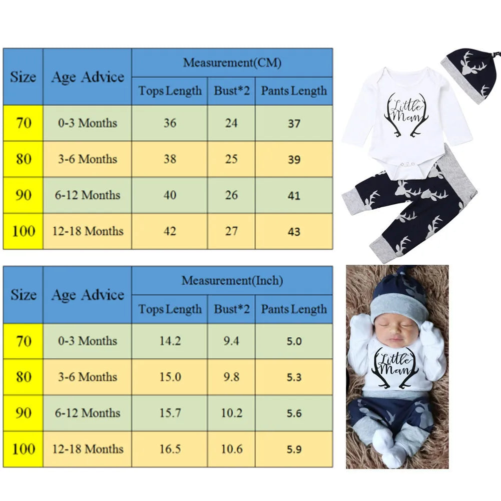 Newborn Baby Boy Clothes Little Man Romper Tops+Deer Pants+Hat Xmas Outfits