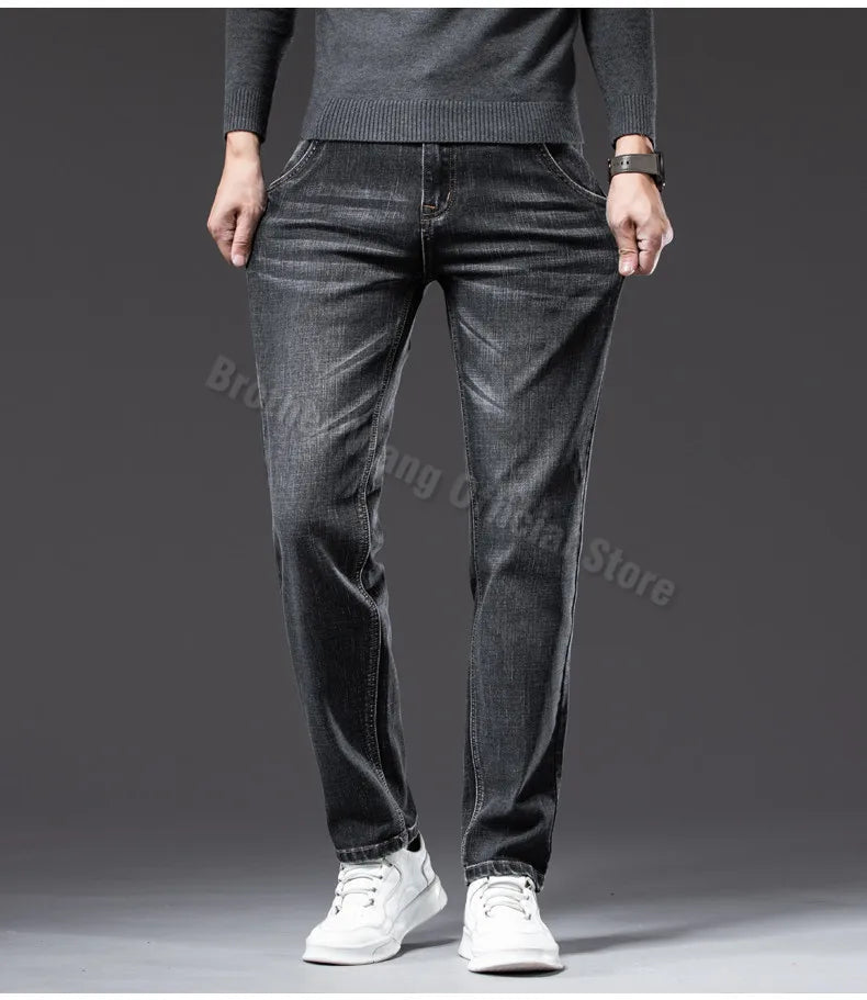 2023 Autumn New Men Regular Fit Stretch Jeans Classic Style Smoky Gray Fashion Casual Denim Pants Male Brand Trousers Blue