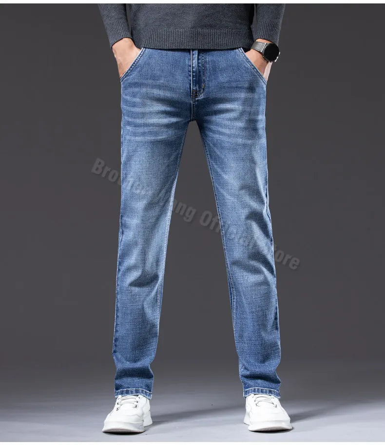 2023 Autumn New Men Regular Fit Stretch Jeans Classic Style Smoky Gray Fashion Casual Denim Pants Male Brand Trousers Blue