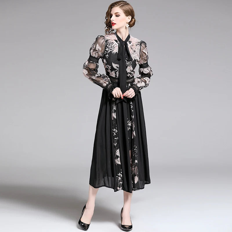 ARWEN & AJH GROUP  Runway Women's Party Dress Autumn Chiffon Patchwork Mesh Floral Embroidery Midi Dress Luxury Feather Bow Collar Dresses