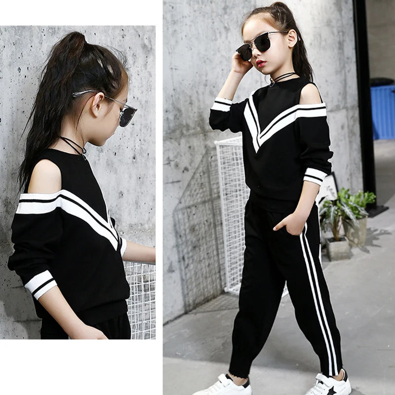 2024 Autumn spring Teens Girls Clothes Set Long Sleeve striped t shirt + Pants Casual Child tracksuit 4 5 6 7 8 9 10 11 12 Years