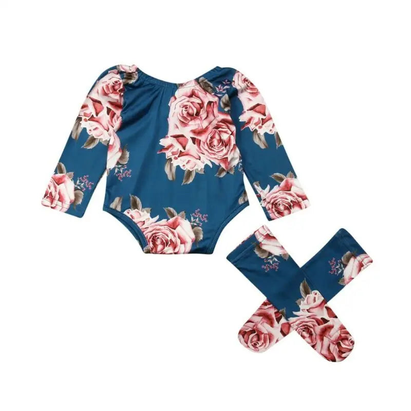 Newborn Baby Long Sleeve Romper Large Floral Jumpsuit Girl Warm Leg Socks Outfit 0-24M