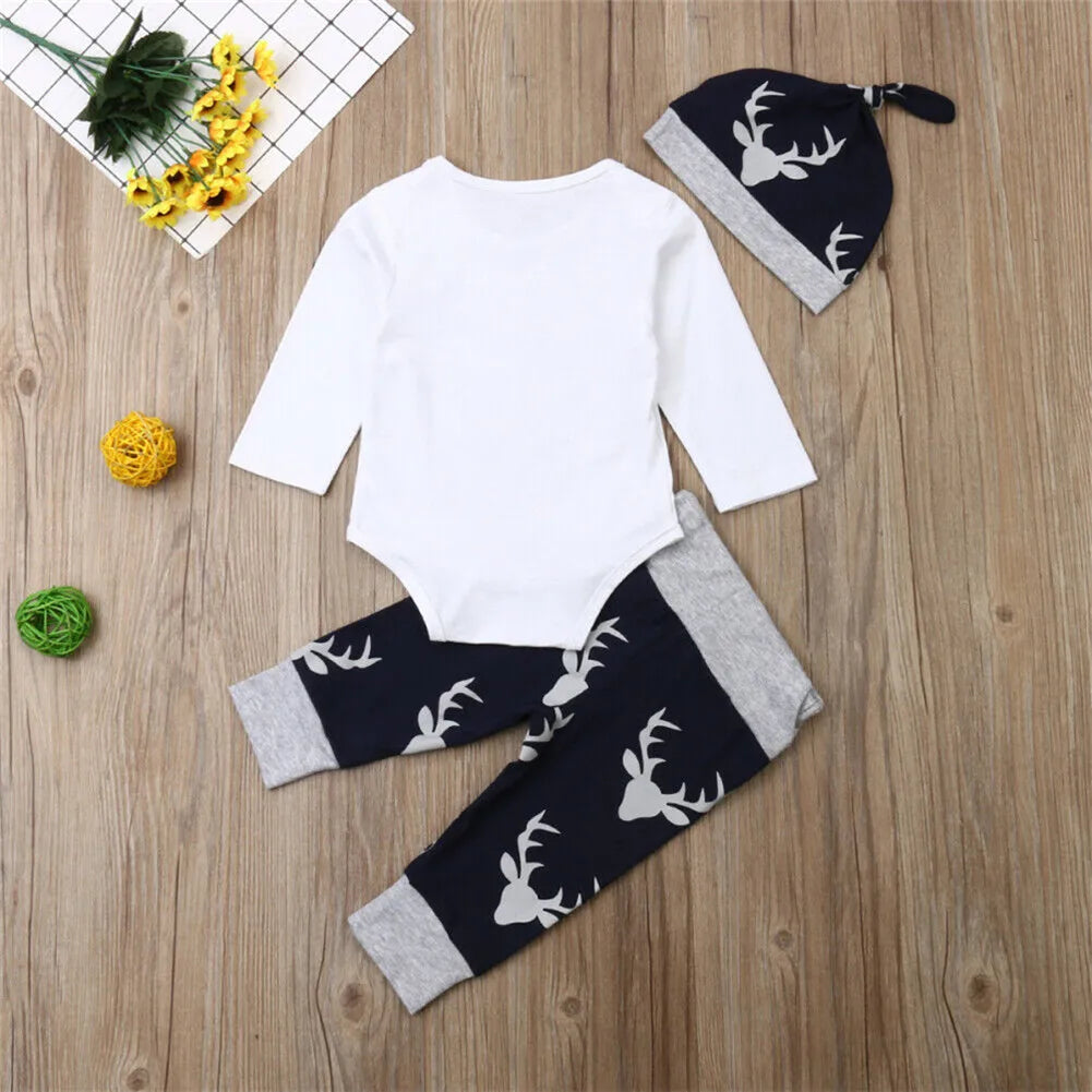 Newborn Baby Boy Clothes Little Man Romper Tops+Deer Pants+Hat Xmas Outfits