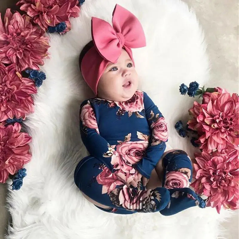 Newborn Baby Long Sleeve Romper Large Floral Jumpsuit Girl Warm Leg Socks Outfit 0-24M