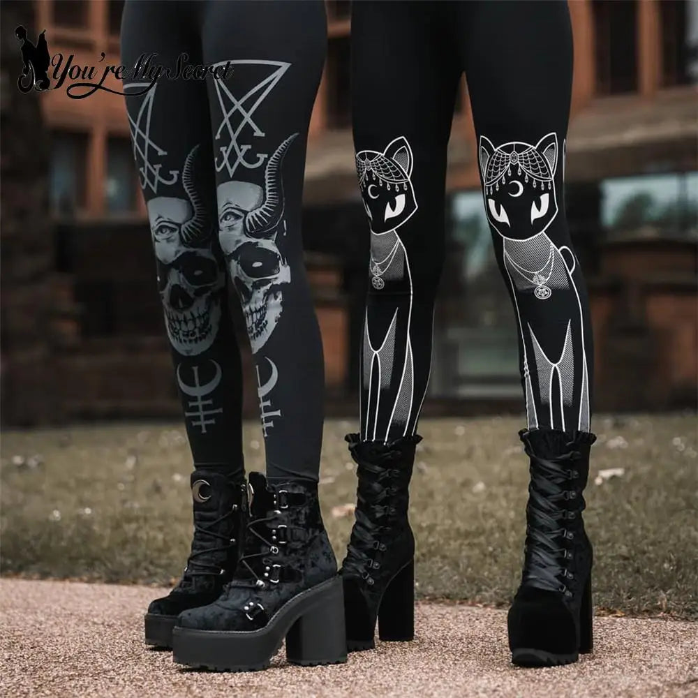 [You're My Secret] 2024 HOT Gothic Leggings For Women Ouija Workout Pants Dark Grunge Black Cat Skull Leggins Devil Satan Legins