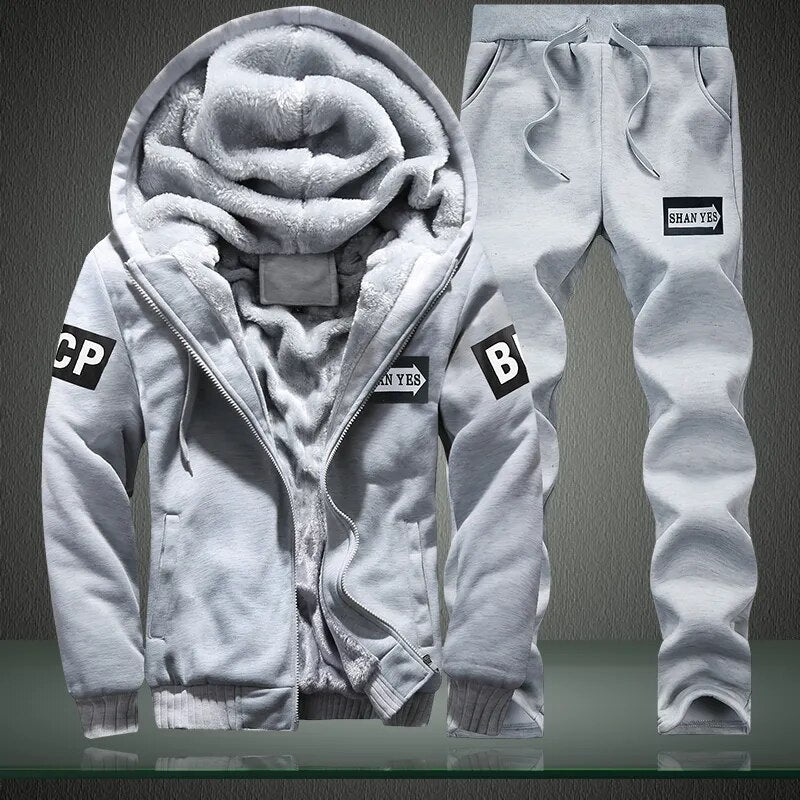 New Fleece Men Set Fashion Brand Tracksuit Lined Thick Sweatshirt + Pants Sportswear Suit Male Winter Warm Hooded Outerwear Suit