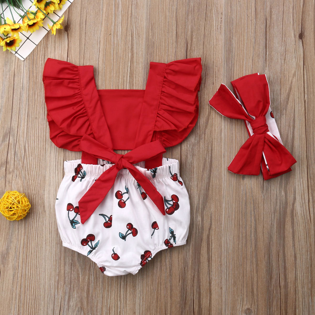 Cute Newborn Baby Girl Clothes Sets Ruffle Backless Cherry Romper Headband 2pcs Summer Outfits Toddler Infant Jumpsuit 0-18M