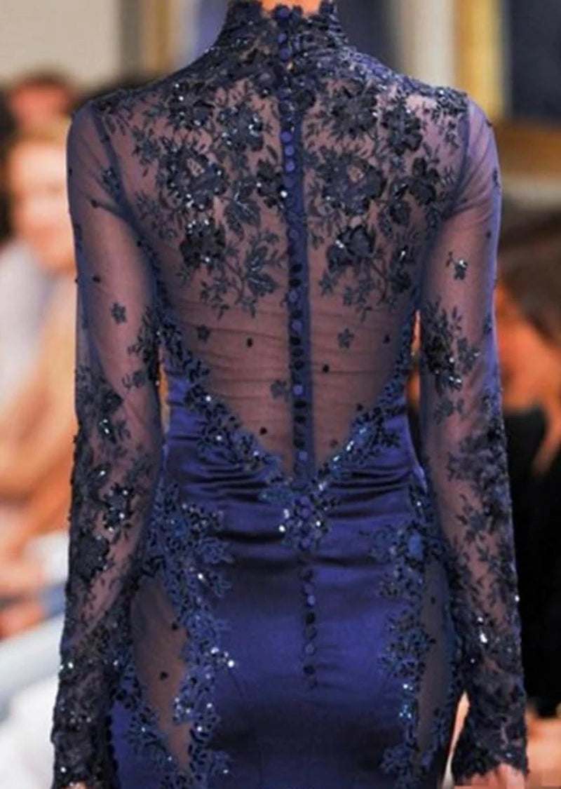 مجموعة اروين 2024 Zuhair Murad High Neck Lace Formal Evening Dress Long Sleeve See-through Beads Appliques Prom Celebrity Gowns Navy Blue