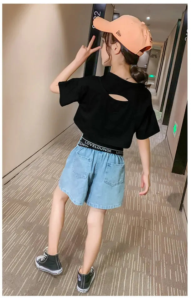 Summer Kids Girls Clothes Set Teen Girl Crop Tops T-shirt + Denim shorts 2pcs Girl Outfits Baby Girls Clothing 4 7 10 to 12 year