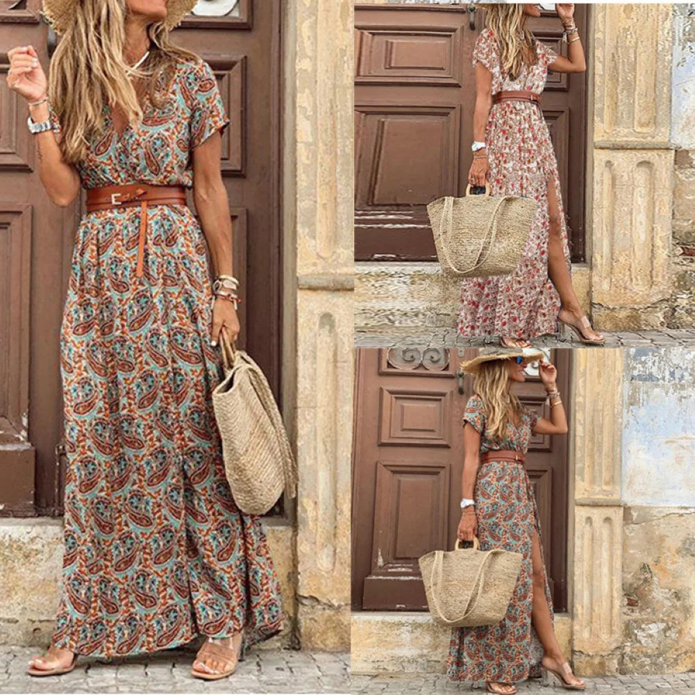 ARWEN & AJH GROUP  HOT SALE!! Boho Women V Neck Short Sleeve Paisley Print Belt Large Hem Beach Long Dress print dress summer beach dress with belt