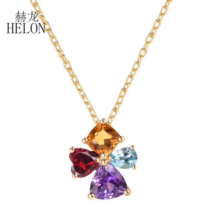 HELON Solid 14K Yellow Gold 100% Genuine Natural Citrine Garnet sky Topaz blue Amethyst Pendant Necklace For Women Fine Jewelry