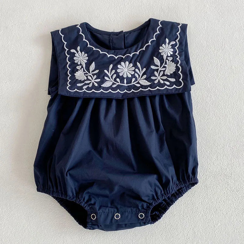 Korean Style Infant Baby Girls Jumpsuit Navy Collar Embroidery Cotton Newborn Baby Girl Bodysuits Summer Baby Girls Clothes