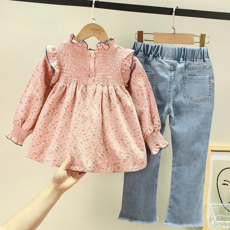 Children'S Clothing 2022 Spring Autumn New Floral Cute Baby Shirt +Denim Bell Bottom Jeans Pants Casual Sweet Girls Clothes Suit