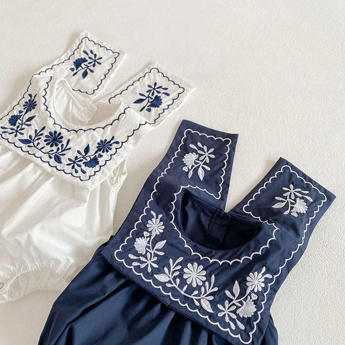 Korean Style Infant Baby Girls Jumpsuit Navy Collar Embroidery Cotton Newborn Baby Girl Bodysuits Summer Baby Girls Clothes